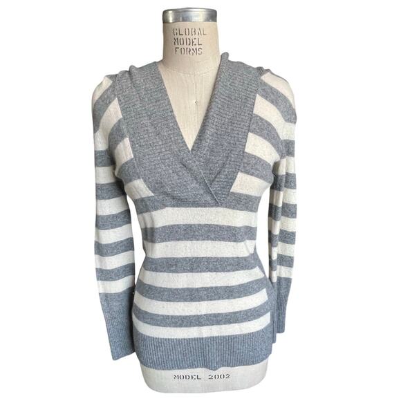 Joie for Bloomingdales 100% Cashmere Gray & White Stripe Hooded Sweater Small - Picture 1 of 6